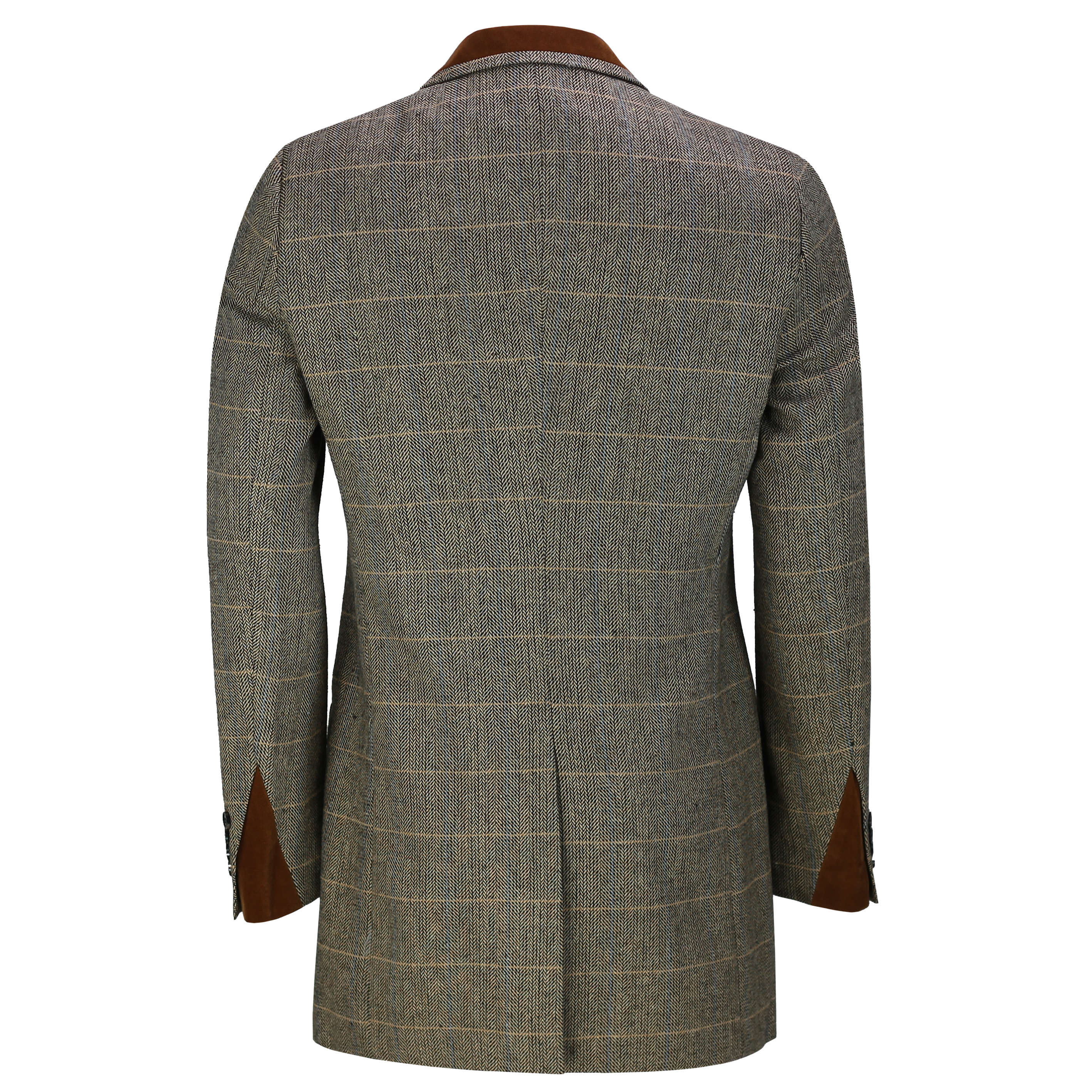 Mens 3/4 Long Over Coat Jacket Herringbone Tweed Check Retro Smart Tailored  Fit